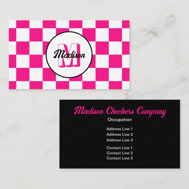Chequered squares hot pink white retro Monogram Business Card (Front/Back)