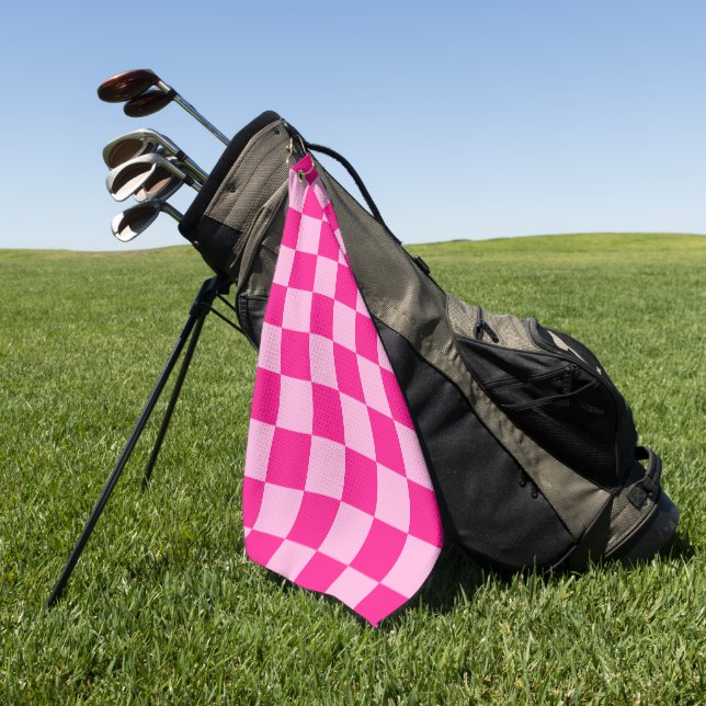 Chequered squares light hot pink geometric retro golf towel (Green)