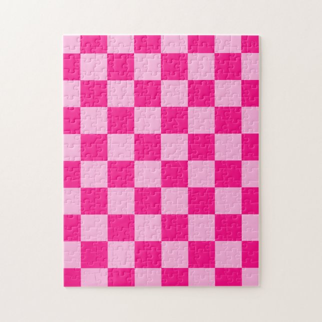 Chequered squares light hot pink geometric retro jigsaw puzzle (Vertical)