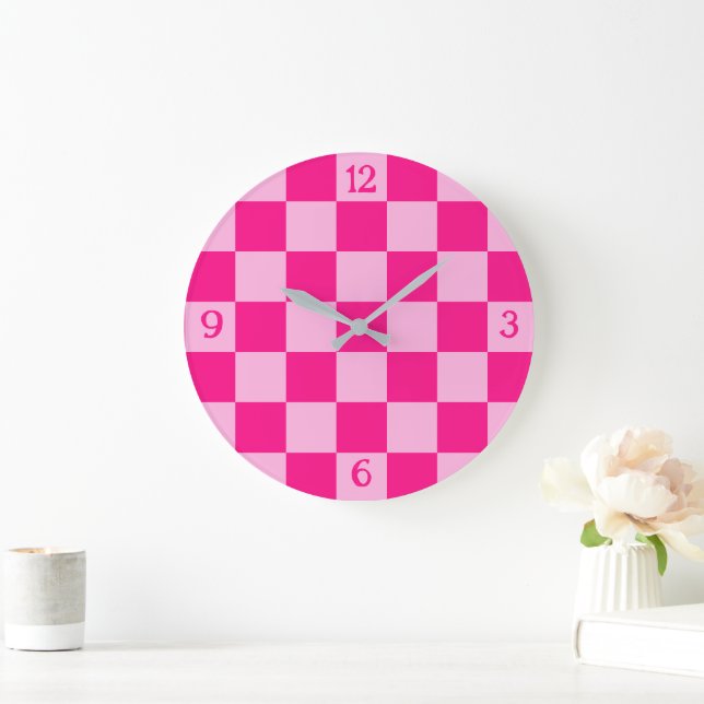 Chequered squares light hot pink geometric retro large clock (Home)