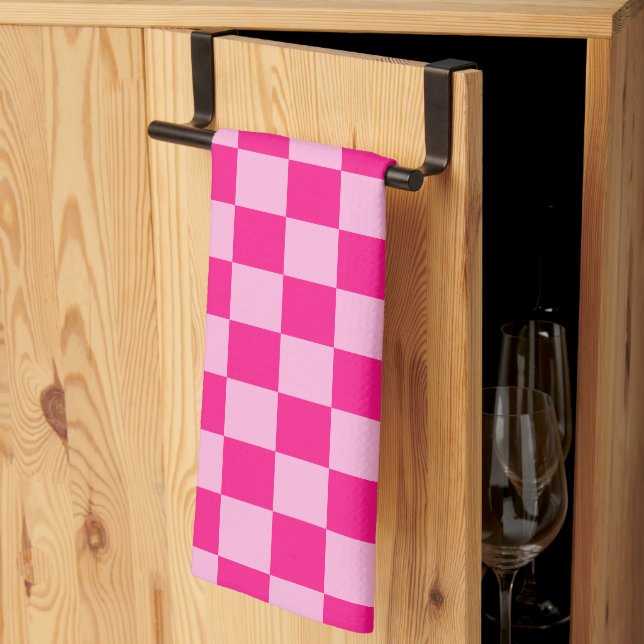 Chequered squares light hot pink geometric retro tea towel (Thirds Fold)