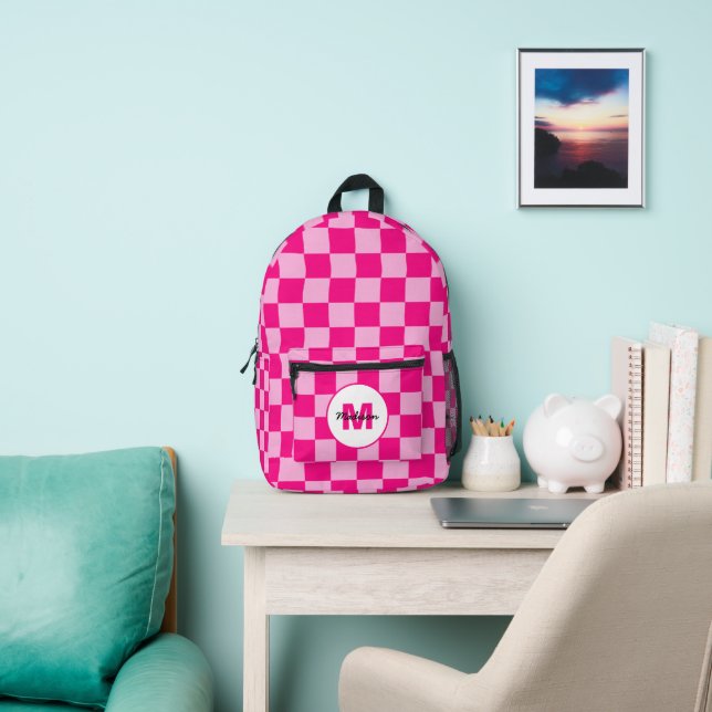 Chequered squares light hot pink geometry Monogram Printed Backpack (Insitu)
