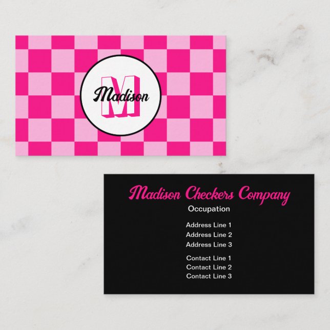 Chequered squares light hot pink retro Monogram Business Card (Front/Back)