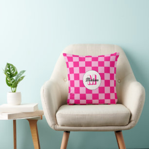 Chequered squares light hot pink retro Monogram Cushion