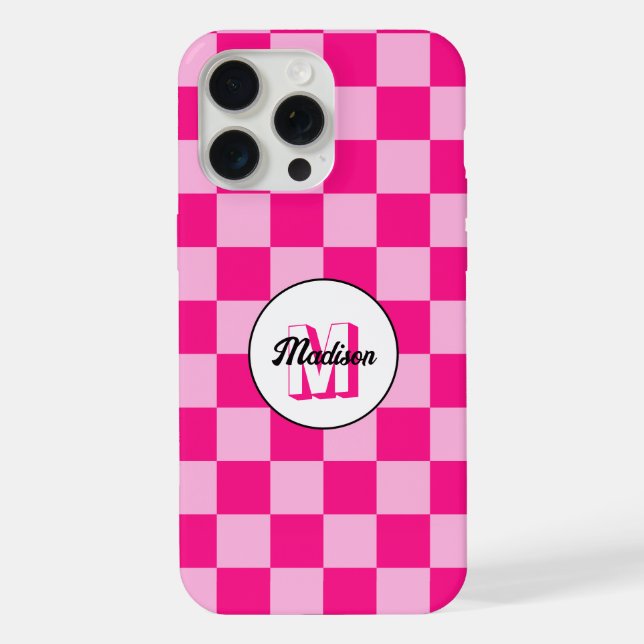 Chequered squares light hot pink retro Monogram iPhone Case (Back)