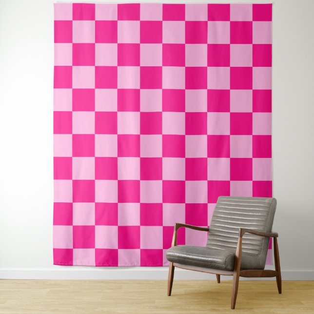 Chequered squares light hot pink retro tapestry (In Situ)