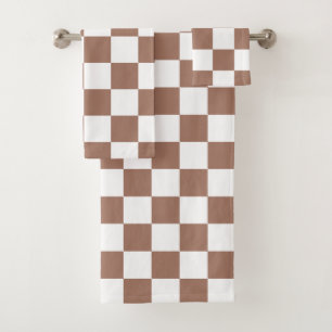 Chequered squares mocha brown white geometric retr bath towel set