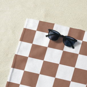Chequered squares mocha brown white geometric retr beach towel