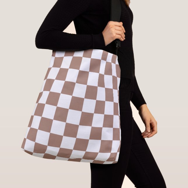 Chequered squares mocha brown white geometric retr crossbody bag (Close Up)