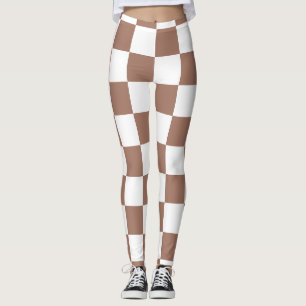 Chequered squares mocha brown white geometric retr leggings