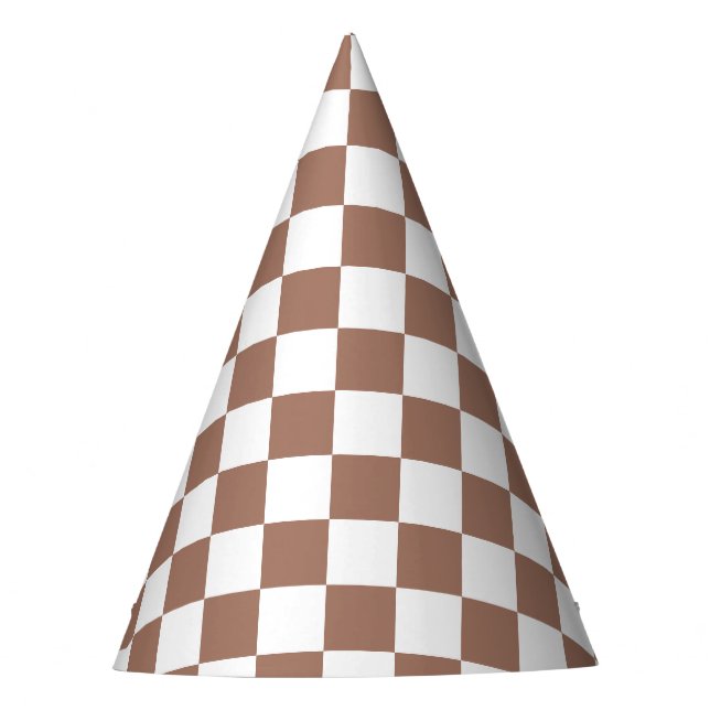 Chequered squares mocha brown white geometric retr party hat (Front)