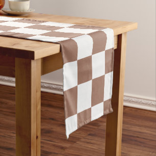Chequered squares mocha brown white geometric retr short table runner