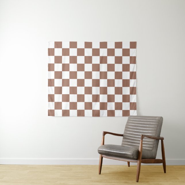 Chequered squares mocha brown white geometric retr tapestry (In Situ (Horizontal))