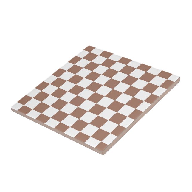 Chequered squares mocha brown white geometric retr tile (Side)