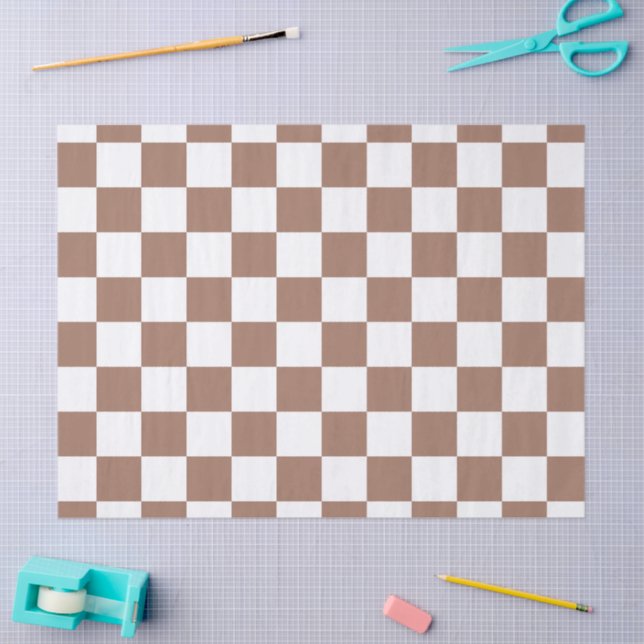 Chequered squares mocha brown white geometric retr tissue paper (Craft)