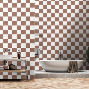 Chequered squares mocha brown white geometric retr wallpaper
