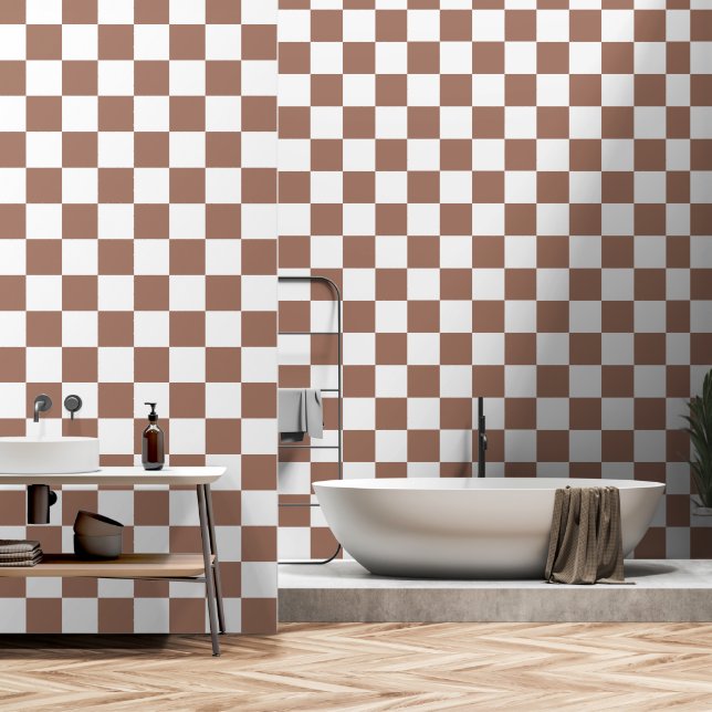 Chequered squares mocha brown white geometric retr wallpaper (Bathroom)