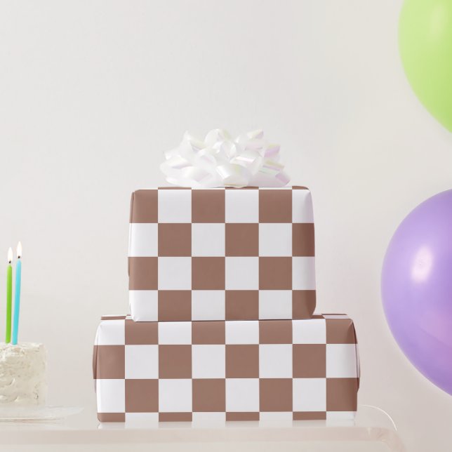 Chequered squares mocha brown white geometric retr wrapping paper (Party Gifts)