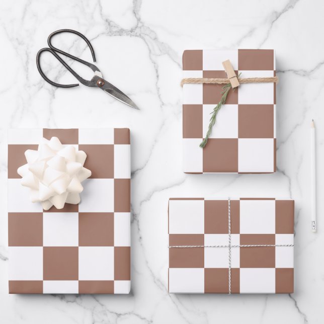 Chequered squares mocha brown white geometric retr wrapping paper sheet (Front)