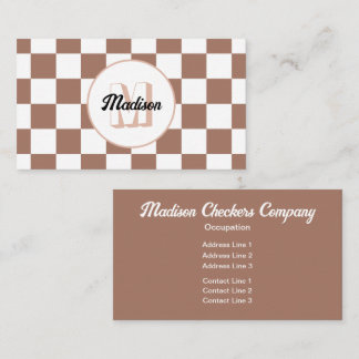 Chequered squares mocha brown white retro Monogram Business Card
