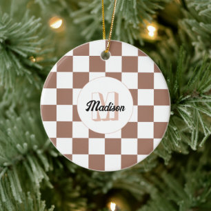 Chequered squares mocha brown white retro Monogram Ceramic Tree Decoration