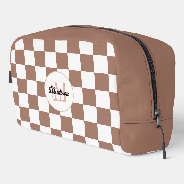 Chequered squares mocha brown white retro Monogram Dopp Kit (Right Corner)