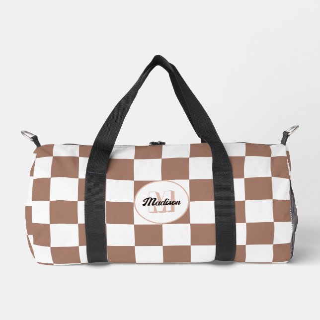 Chequered squares mocha brown white retro Monogram Duffle Bag (Front)