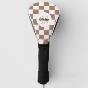 Chequered squares mocha brown white retro Monogram Golf Head Cover