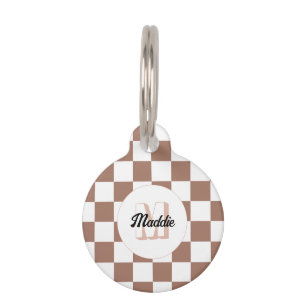 Chequered squares mocha brown white retro Monogram Pet Tag