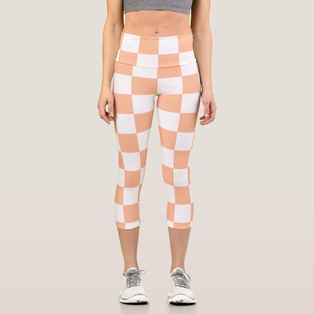 Chequered squares peach and white geometric retro capri leggings (Front)