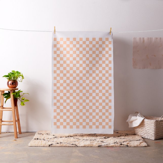 Chequered squares peach and white geometric retro fabric (In Situ)