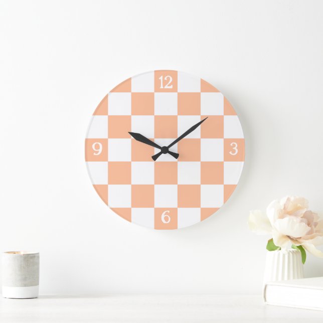 Chequered squares peach and white geometric retro large clock (Home)