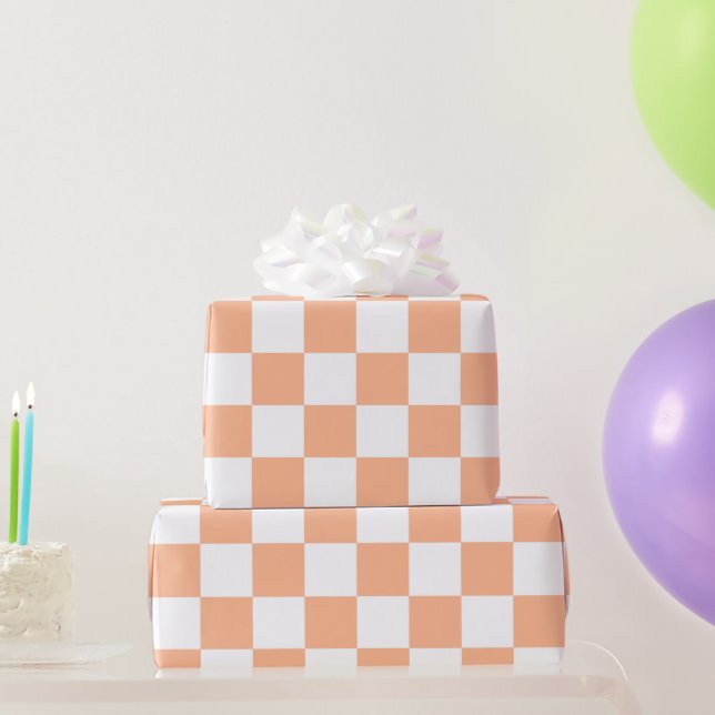 Chequered squares peach and white geometric retro wrapping paper (Party Gifts)