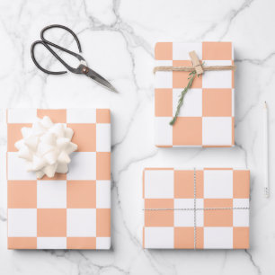 Chequered squares peach and white geometric retro wrapping paper sheet