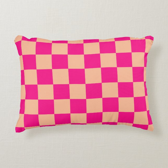Chequered squares peach hot pink geometric retro decorative cushion (Front)