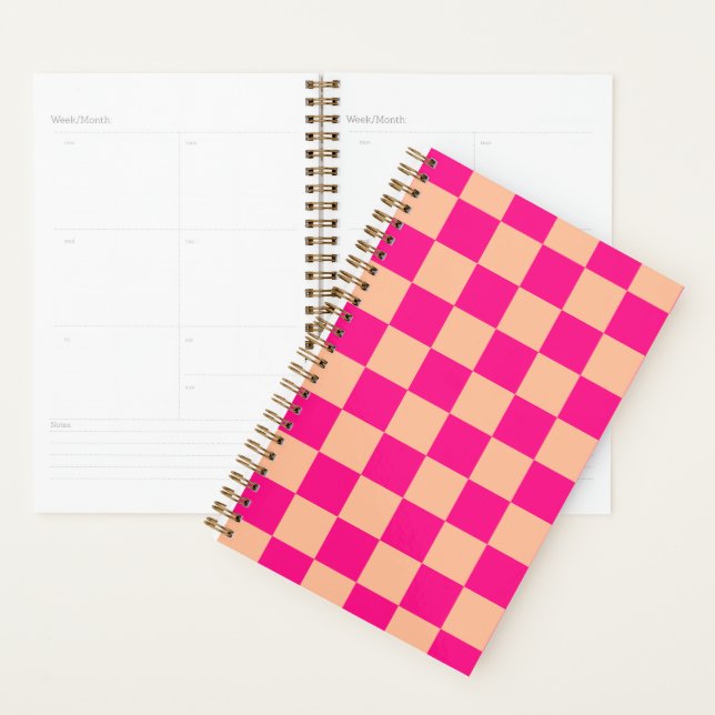 Chequered squares peach hot pink geometric retro planner (Display)