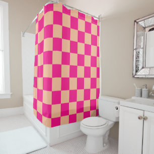 Chequered squares peach hot pink geometric retro shower curtain