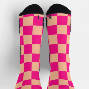Chequered squares peach hot pink geometric retro socks