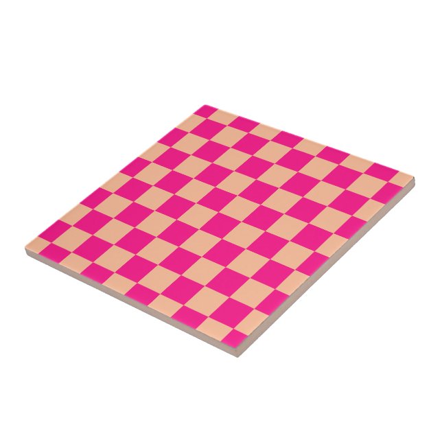 Chequered squares peach hot pink geometric retro tile (Side)