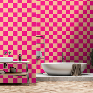Chequered squares peach hot pink geometric retro wallpaper