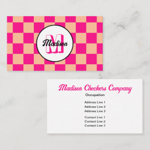 Chequered squares peach hot pink retro Monogram Business Card