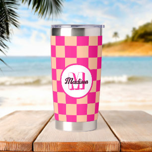 Chequered squares peach hot pink retro Monogram Insulated Tumbler