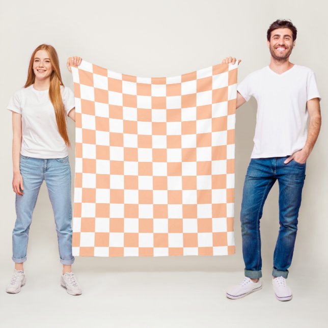 Chequered squares peach orange white geometric fleece blanket (In Situ)