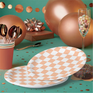 Chequered squares peach orange white geometric paper plate