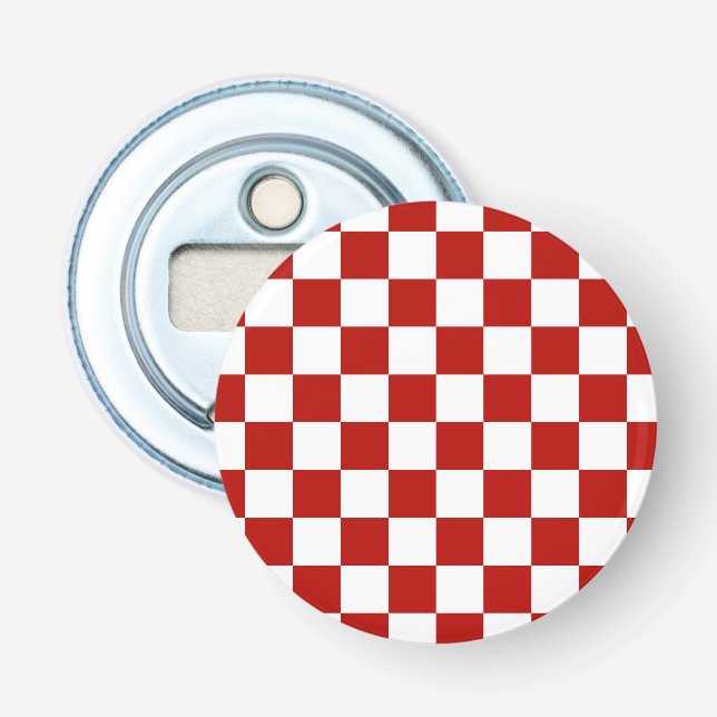 Chequered squares red white geometric retro bottle opener (Front)