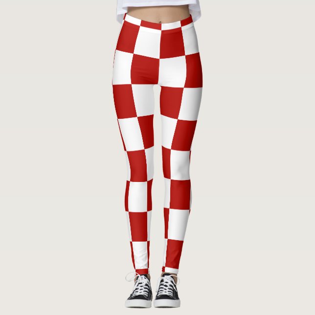 Chequered squares red white geometric retro leggings (Front)