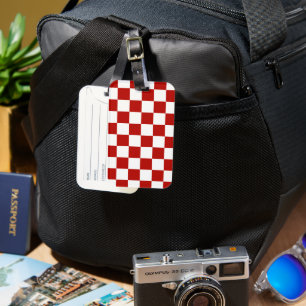 Chequered squares red white geometric retro luggage tag
