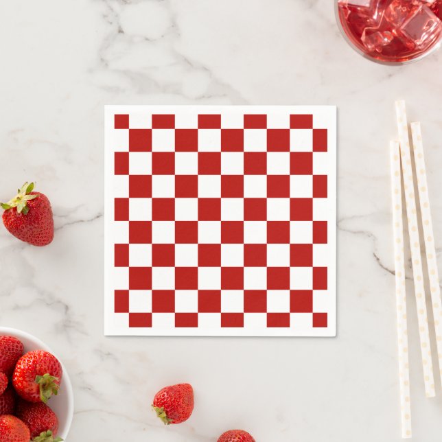Chequered squares red white geometric retro paper napkin (Insitu)