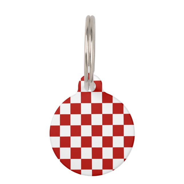 Chequered squares red white geometric retro pet tag (Front)