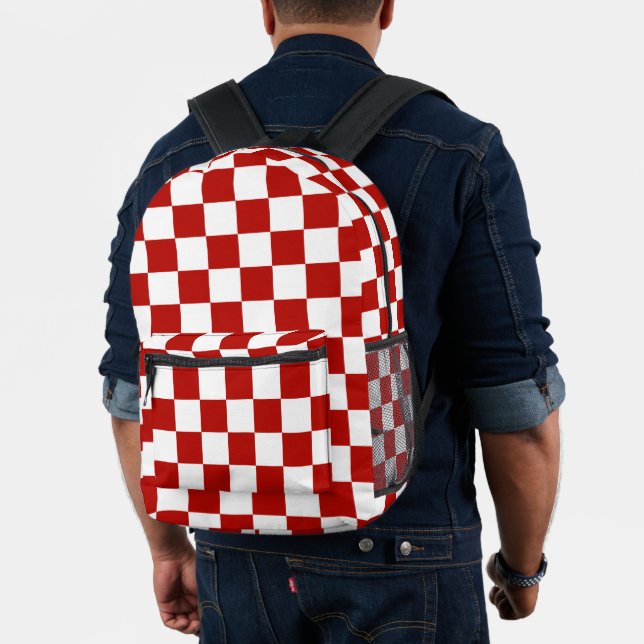 Chequered squares red white geometric retro printed backpack (Insitu (Model))